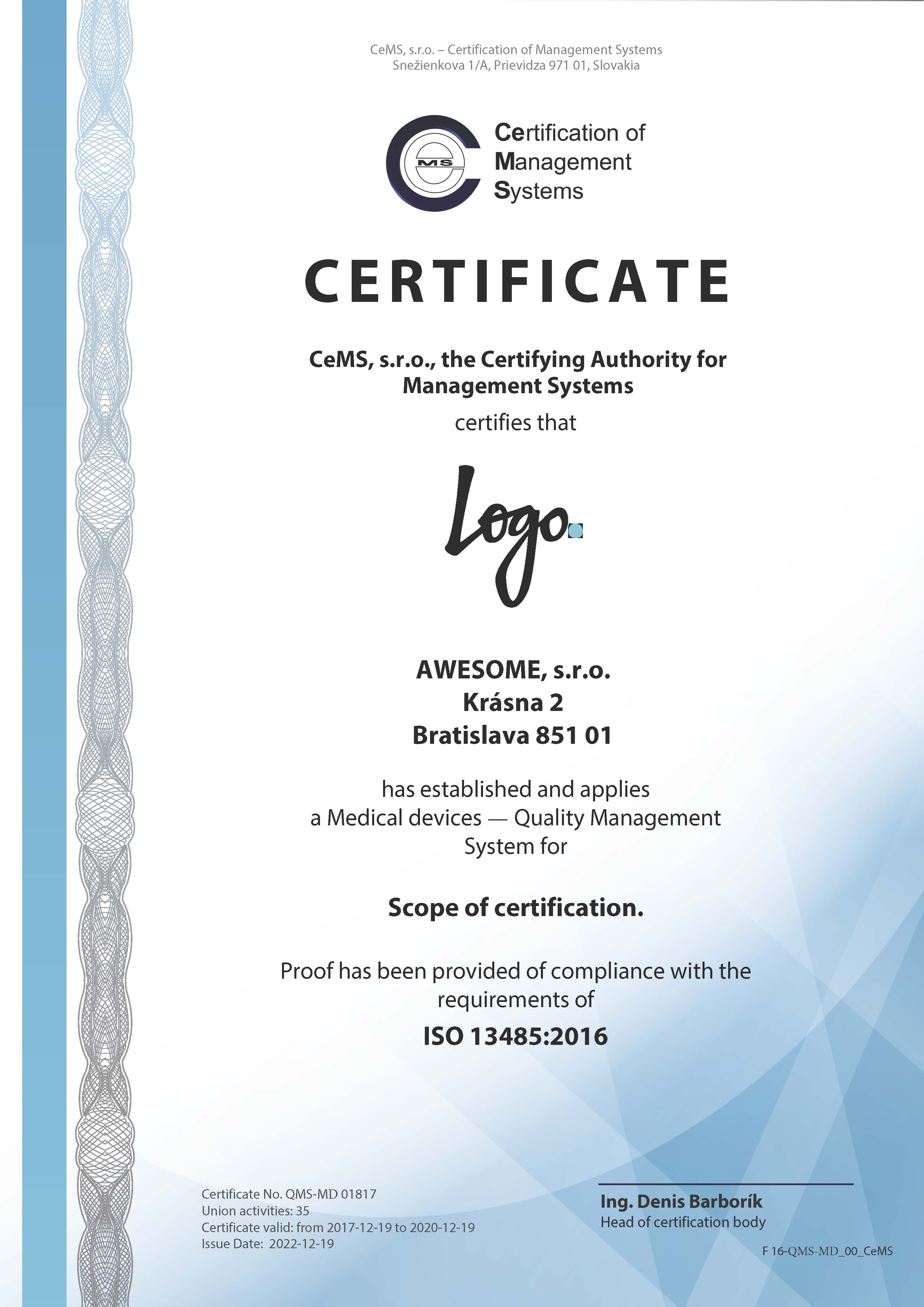 Certificate ISO 13485 by CeMS